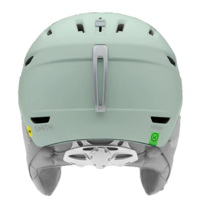 Smith Women's Mirage MIPS Helmet 2025 - A mint green helmet with a silver buckle on top and ventilation holes along the sides.