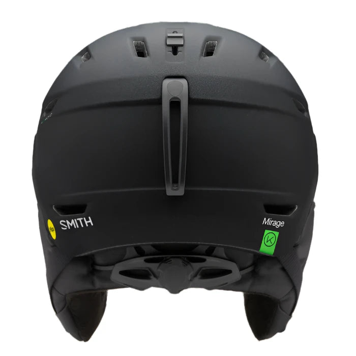Smith Women's Mirage MIPS Helmet 2025 - A black helmet with a white logo on the side and a green sticker on the back.