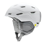 Smith Women's Mirage MIPS Helmet 2023 - A white helmet with a black visor and ventilation holes on top, featuring a green MIPS sticker on the side.
