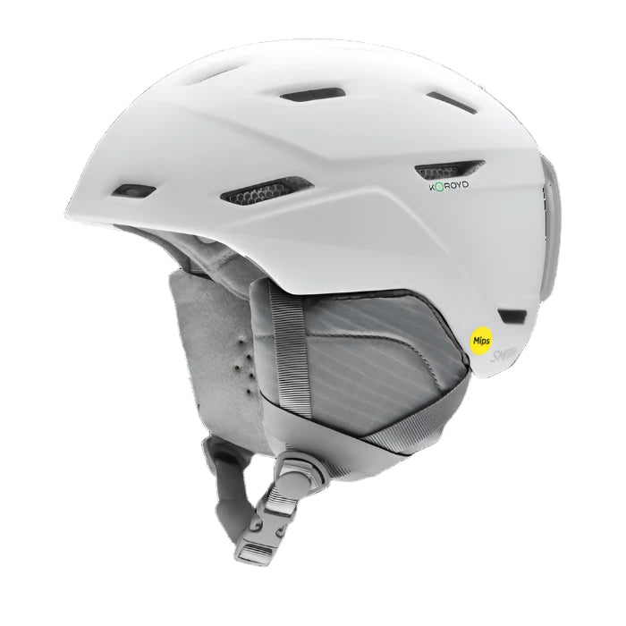Smith Women's Mirage MIPS Helmet 2023 - A white helmet with a black visor and ventilation holes on top, featuring a green MIPS sticker on the side.