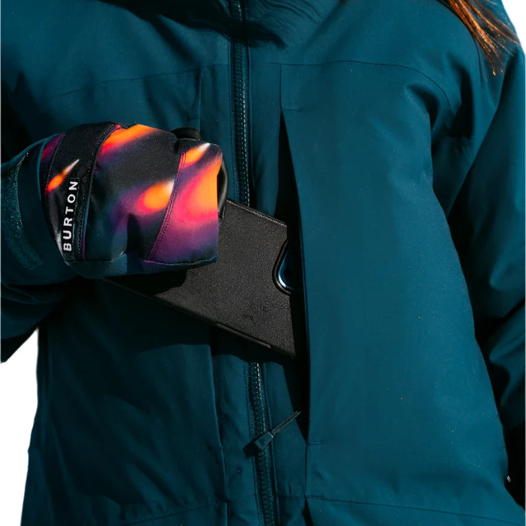 Burton Women's Pillowline GORE-TEX Insulated Jacket 2025 - A dark teal jacket with a hood and zipper down the front, featuring a black strap on the left shoulder.