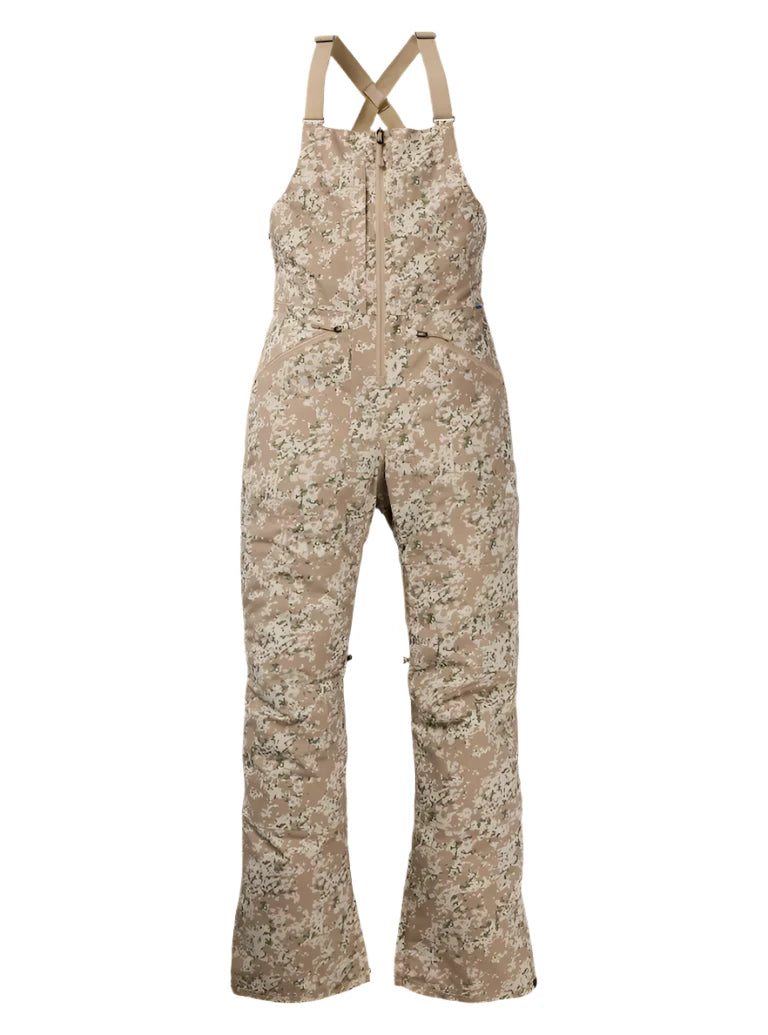 Burton Women's Reserve 2L Stretch Bib Pants 2025 - A pair of tan snow pants with a subtle floral pattern and black accents, featuring adjustable straps at the shoulders.