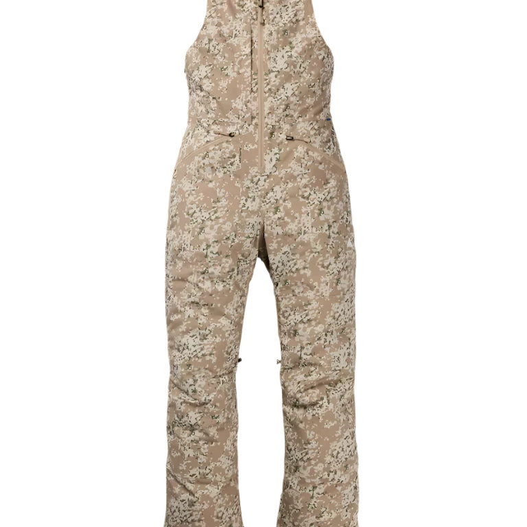 Burton Women's Reserve 2L Stretch Bib Pants 2025 - A pair of tan snow pants with a subtle floral pattern and black accents, featuring adjustable straps at the shoulders.