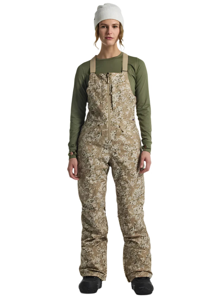 Burton Women's Reserve 2L Stretch Bib Pants 2025 - A pair of khaki-colored snow pants with a subtle floral pattern and adjustable straps.