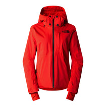 North Face Women's Lenado Insulated Jacket - A red jacket with a black zipper and logo on the left chest, featuring a hood and two front pockets.
