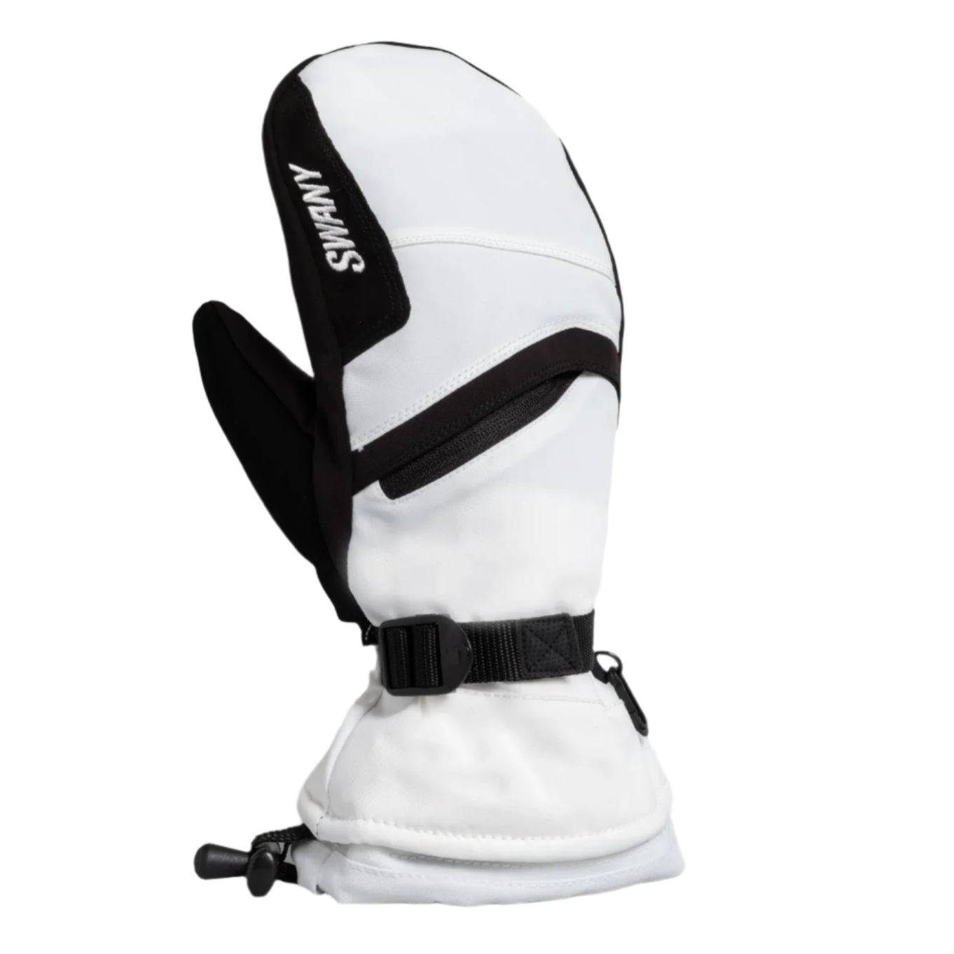 Swany Women's X-Over Mitt 2025 - A white mitt with black trim and a black strap across the wrist, featuring a Swany logo on the back of the hand.