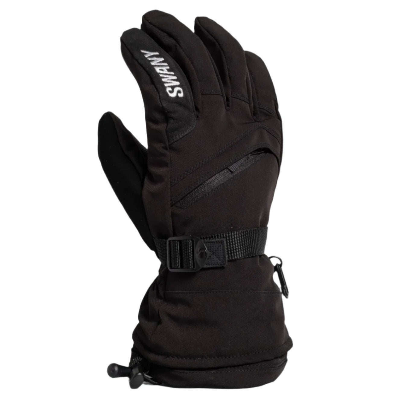 Swany X-Over Glove 2025 - A black glove with a white logo on the wrist strap and a zippered pocket on the back of the hand.