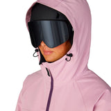 Women's insulated ski jacket, light pink hood up, goggles and face close-up