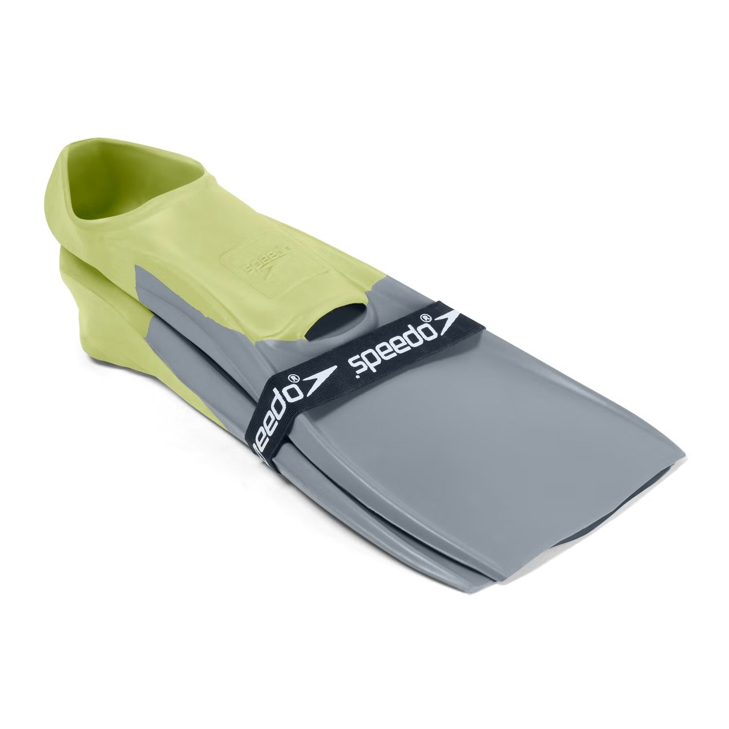 Speedo Trialon Rubber Swim Fins - A pair of bright yellow rubber swim fins with a textured surface and a small circular logo on the top edge.