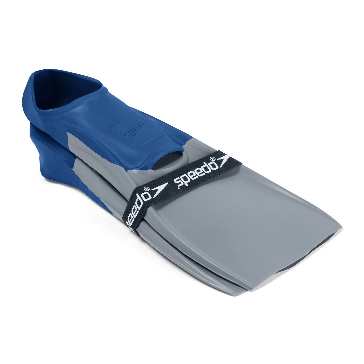 Speedo Trialon Rubber Swim Fins - A pair of blue rubber swim fins with a textured surface and a strap at the heel for secure fit.