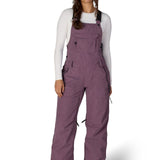 Women’s insulated bib overalls in mauve purple with front pockets and adjustable straps.