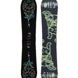The Yes brand Women's Rival snowboard in black features a vibrant floral design on its front.