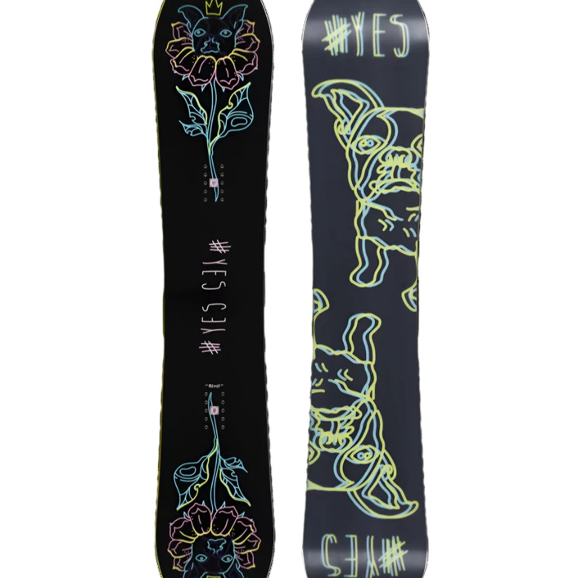 The Yes brand Women's Rival snowboard in black features a vibrant floral design on its front.