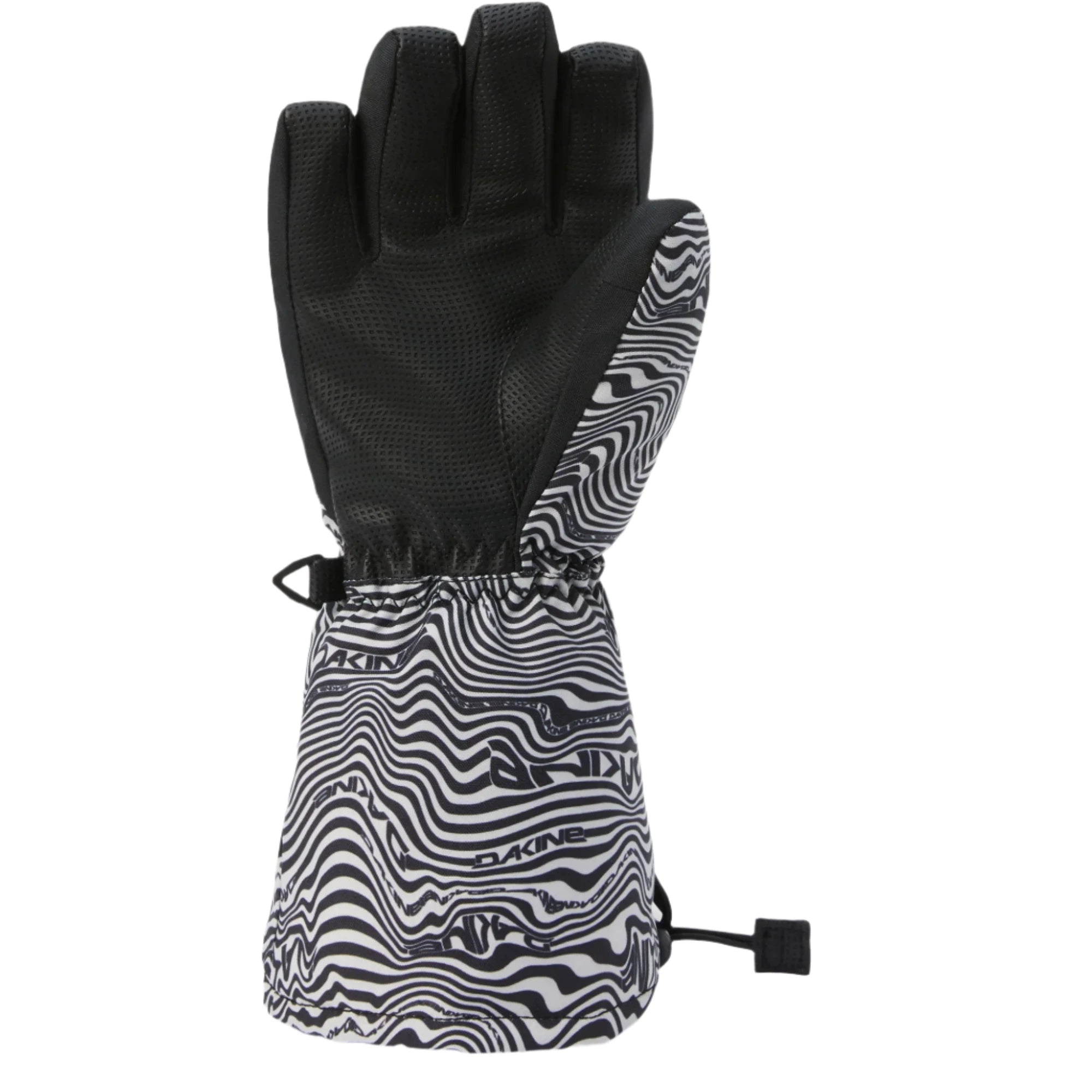 Dakine Junior's Tracker Glove 2025 - A black glove with a textured palm and fingers, featuring a pattern of wavy lines on the back.