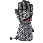 Dakine Junior's Tracker Glove 2025 - A black-and-white glove with a wavy pattern, featuring red lettering on the wrist strap and a small black tag near the cuff.