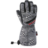Dakine Junior's Tracker Glove 2025 - A black-and-white glove with a wavy pattern, featuring red lettering on the wrist strap and a small black tag near the cuff.