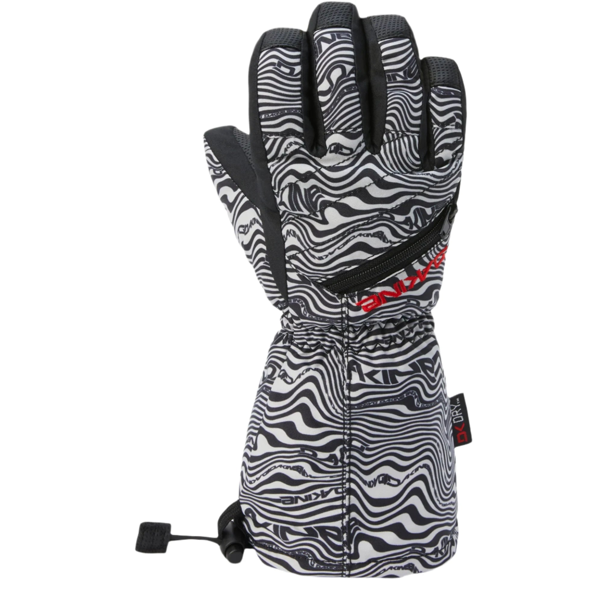 Dakine Junior's Tracker Glove 2025 - A black-and-white glove with a wavy pattern, featuring red lettering on the wrist strap and a small black tag near the cuff.
