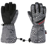 Dakine Junior's Tracker Glove 2025 - A black and white glove with a wavy line pattern, featuring a black palm and wrist strap.