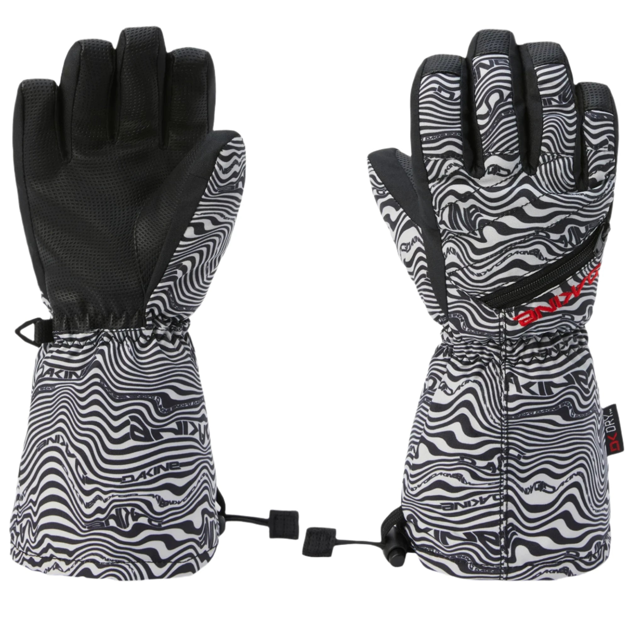 Dakine Junior's Tracker Glove 2025 - A black and white glove with a wavy line pattern, featuring a black palm and wrist strap.