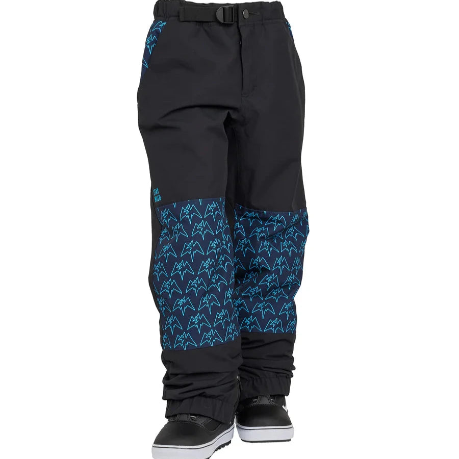 Airblaster Junior's Boss Insulated Pant 2025 - Black snow pants with a repeating pattern of light blue mountain peaks on the lower leg.