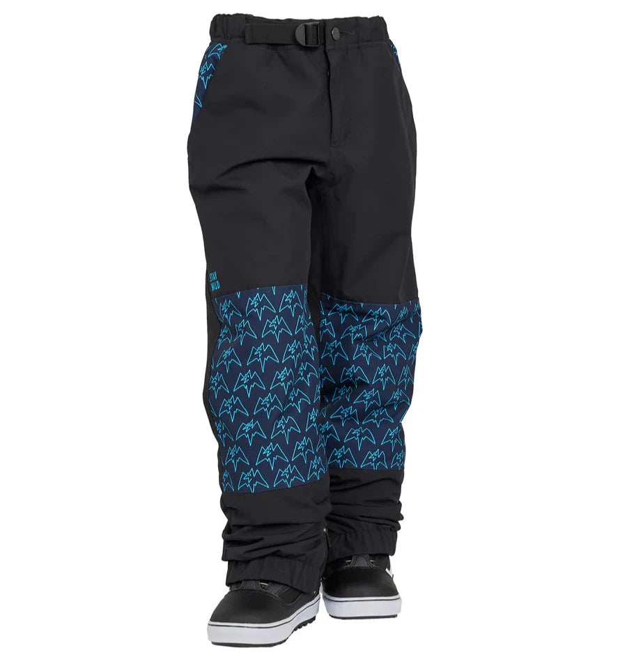 Airblaster Junior's Boss Insulated Pant 2025 - Black snow pants with a repeating pattern of light blue mountain peaks on the lower leg.