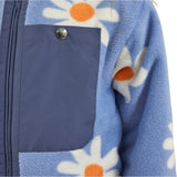 Airblaster Junior's Double Puffling Insulated Jacket 2025 - A blue fleece jacket with a white daisy pattern and orange centers.
