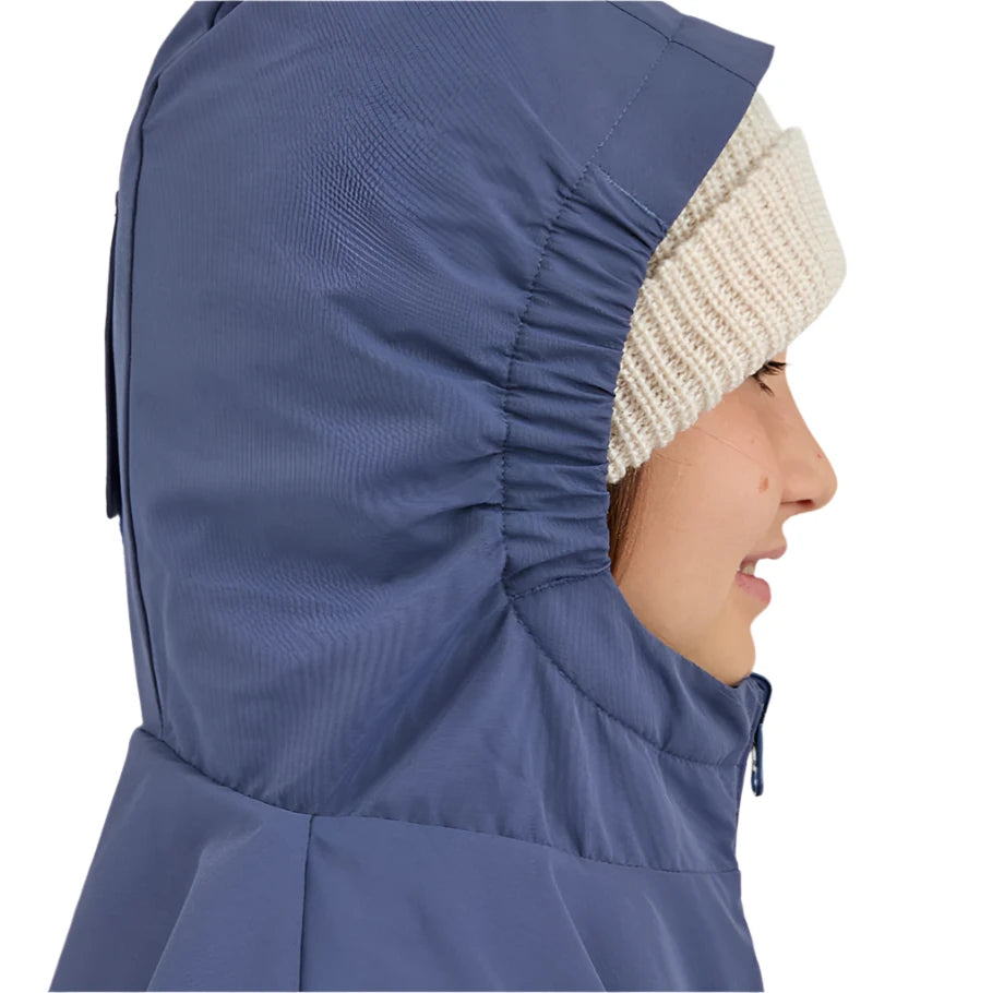 Airblaster Junior's Double Puffling Insulated Jacket 2025 - A blue jacket with a hood and zipper, featuring two large pockets on either side of the waist.