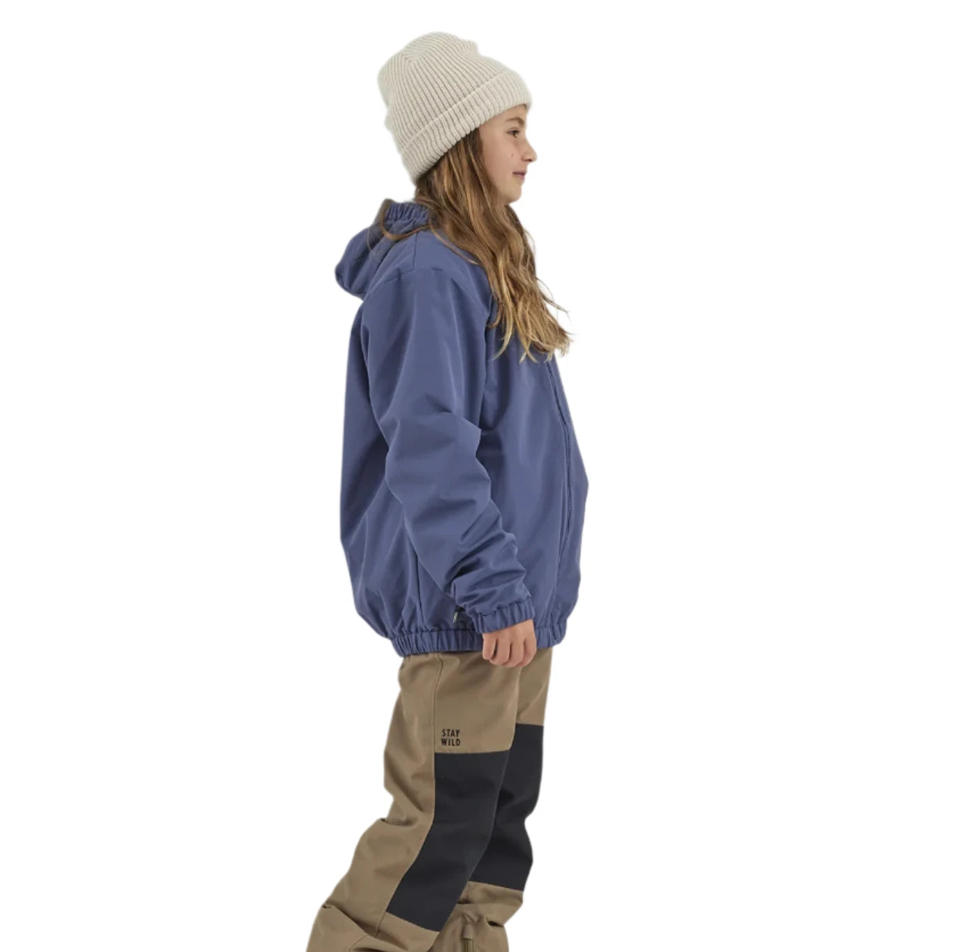 Airblaster Junior's Double Puffling Insulated Jacket 2025 - A blue jacket with a hood and zipper, worn by a young girl with long brown hair.