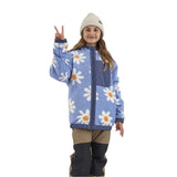 Airblaster Junior's Double Puffling Insulated Jacket 2025 - A light blue fleece jacket with a repeating pattern of white daisies and orange centers, worn by a young girl giving a peace sign.