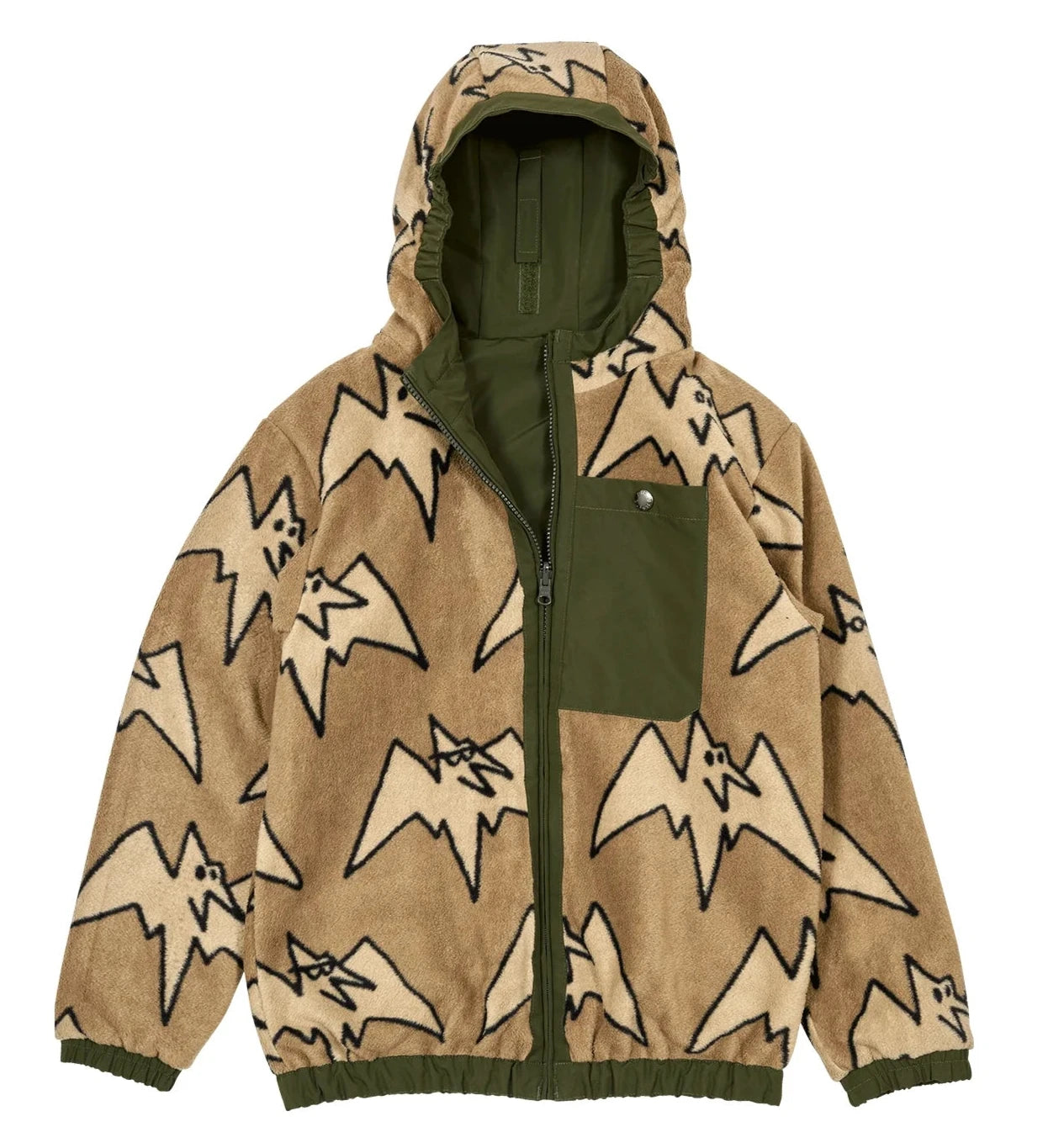 Airblaster Junior's Double Puffling Insulated Jacket 2025 - A tan fleece jacket with a repeating pattern of black bats and a green pocket on the chest.