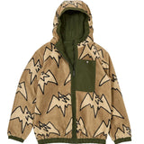Airblaster Junior's Double Puffling Insulated Jacket 2025 - A tan fleece jacket with a repeating pattern of black bats and a green pocket on the chest.