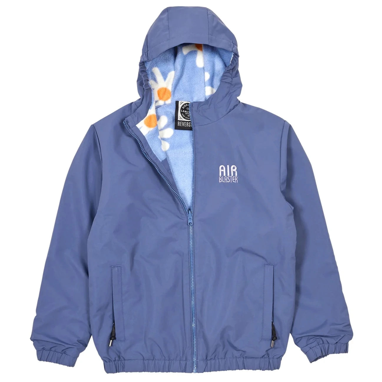 Airblaster Junior's Double Puffling Insulated Jacket 2025 - A blue jacket with a hood, featuring white and orange daisies on the inside lining.