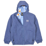 Airblaster Junior's Double Puffling Insulated Jacket 2025 - A blue jacket with a hood, featuring white and orange daisies on the inside lining.