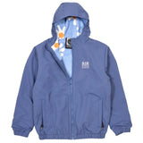 Airblaster Junior's Double Puffling Insulated Jacket 2025 - A blue jacket with a hood, featuring white and orange daisies on the inside lining.