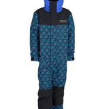 Airblaster Junior's Freedom Insulated Suit 2025 - A navy blue snowsuit with a repeating pattern of light teal mountain peaks and trees, featuring black accents on the shoulders and chest.