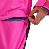Airblaster Junior's Freedom Insulated Suit 2025 - A bright pink snowsuit with a blue zipper and black trim.