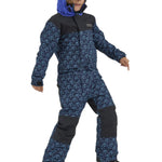 Airblaster Junior's Freedom Insulated Suit 2025 - A navy blue snowsuit with a repeating pattern of light blue mountain peaks and trees, featuring black accents on the shoulders and knees.