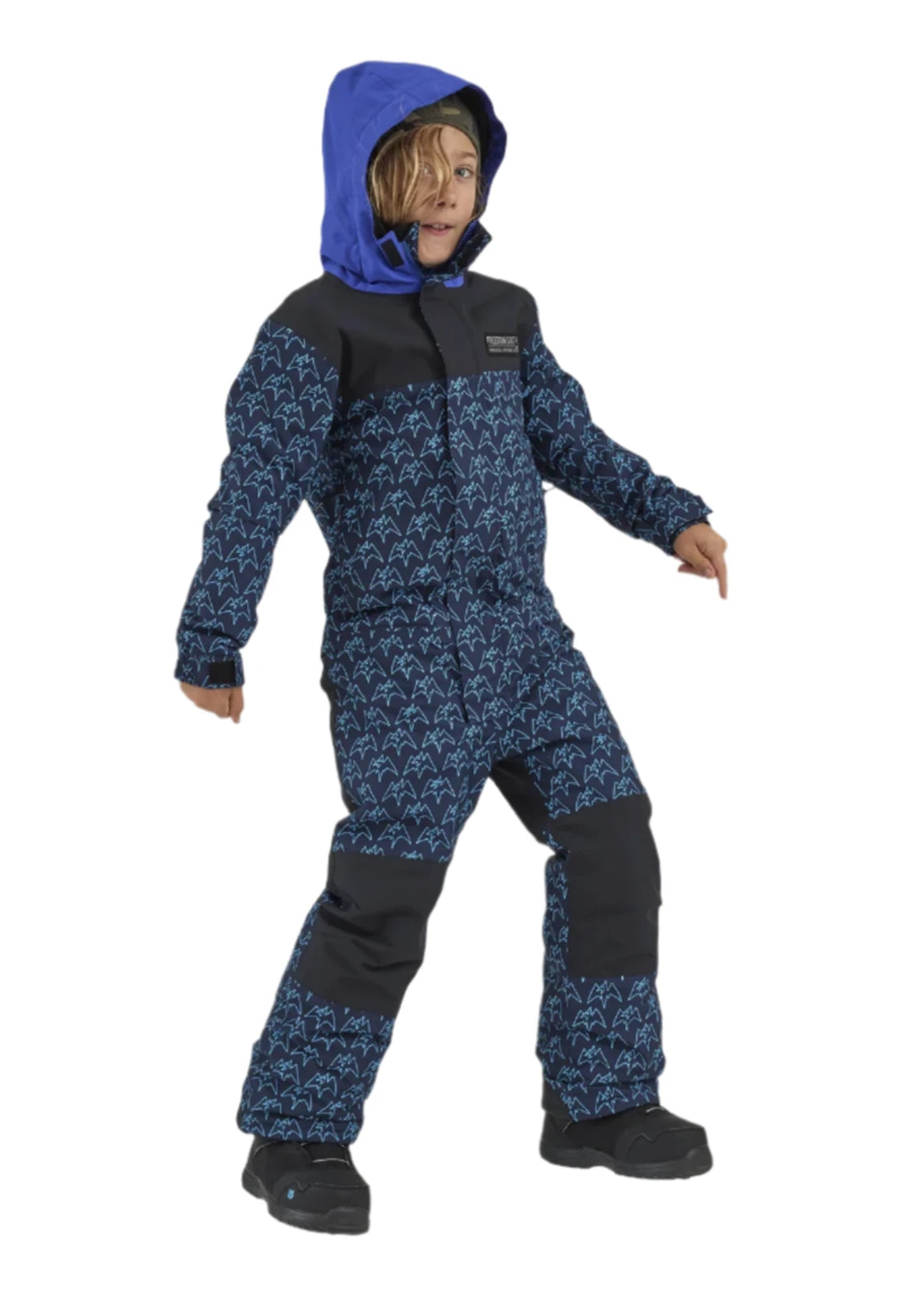 Airblaster Junior's Freedom Insulated Suit 2025 - A navy blue snowsuit with a repeating pattern of light blue mountain peaks and trees, featuring black accents on the shoulders and knees.