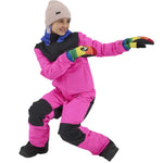 Airblaster Junior's Freedom Insulated Suit 2025 - A bright pink snowsuit with black accents and a blue zipper on the chest.