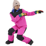 Airblaster Junior's Freedom Insulated Suit 2025 - A bright pink snowsuit with black accents and a blue zipper on the chest.