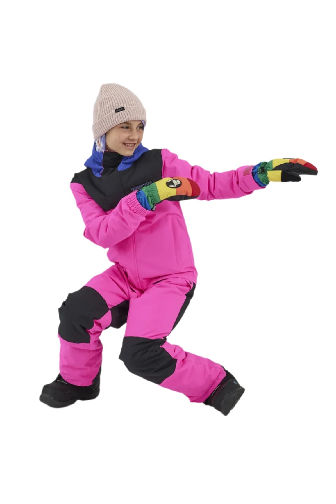 Airblaster Junior's Freedom Insulated Suit 2025 - A bright pink snowsuit with black accents and a blue zipper on the chest.