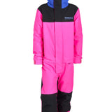 Airblaster Junior's Freedom Insulated Suit 2025 - A bright pink snowsuit with a black chest panel and blue hood, featuring a white logo on the left side of the chest.
