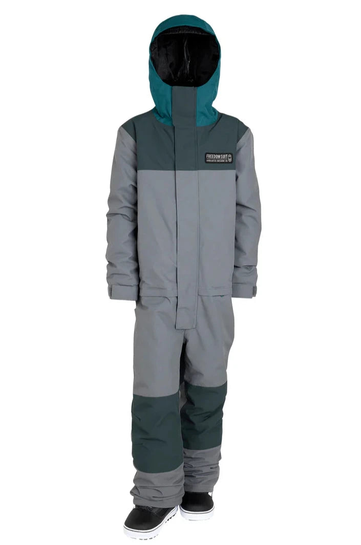 Airblaster Junior's Freedom Insulated Suit 2025 - A gray and dark green snowsuit with a hood, featuring a prominent "FREEDOM SUIT" logo on the chest.