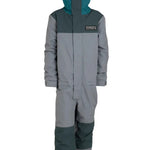 Airblaster Junior's Freedom Insulated Suit 2025 - A gray and dark green snowsuit with a hood, featuring a prominent "FREEDOM SUIT" logo on the chest.