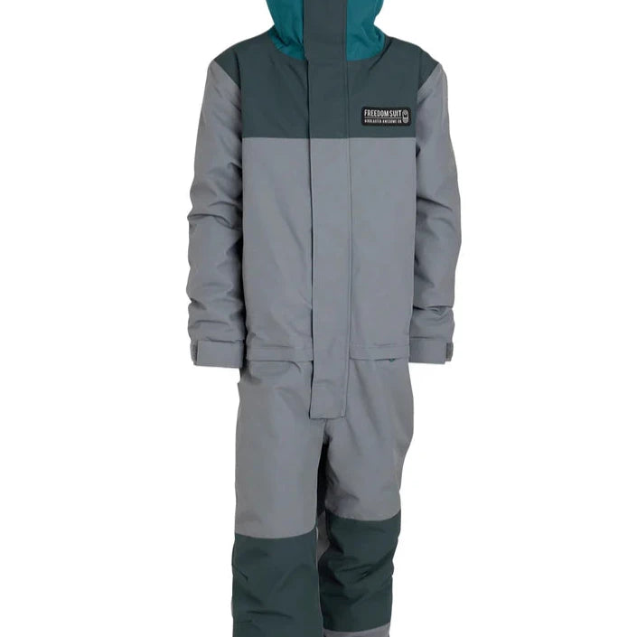 Airblaster Junior's Freedom Insulated Suit 2025 - A gray and dark green snowsuit with a hood, featuring a prominent "FREEDOM SUIT" logo on the chest.