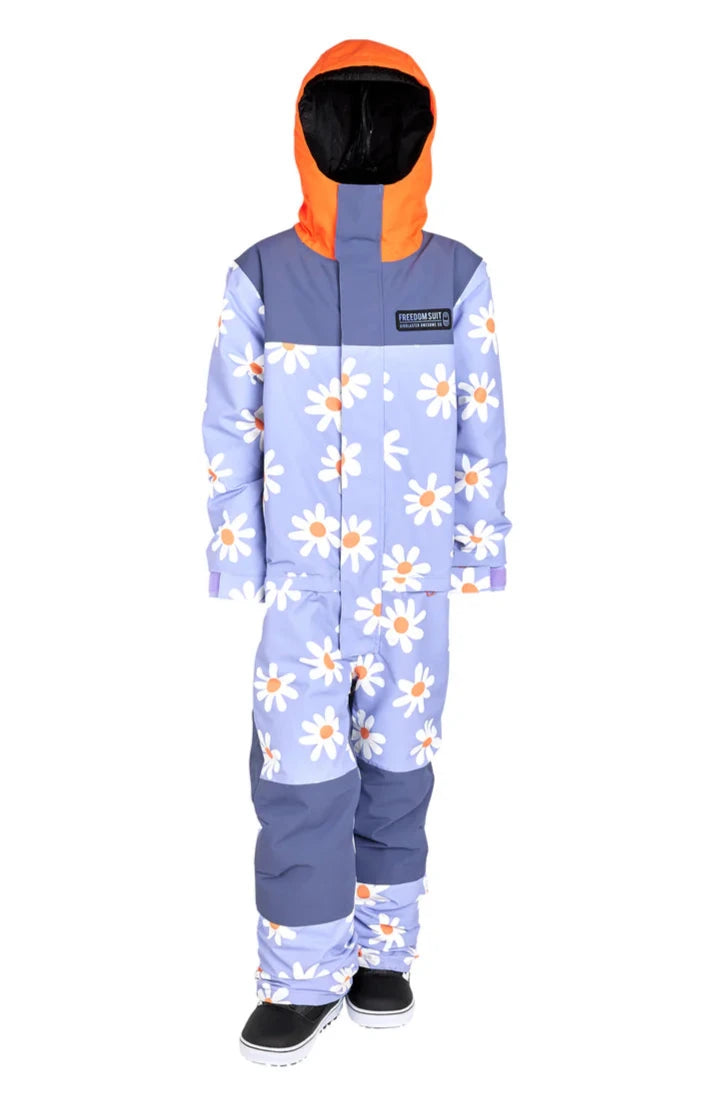 Airblaster Junior's Freedom Insulated Suit 2025 - A light blue snowsuit with white daisies and orange centers, featuring a gray stripe across the chest and gray cuffs at the wrists and ankles.