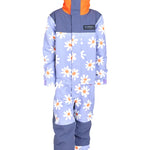 Airblaster Junior's Freedom Insulated Suit 2025 - A light blue snowsuit with white daisies and orange centers, featuring a gray stripe across the chest and gray cuffs at the wrists and ankles.