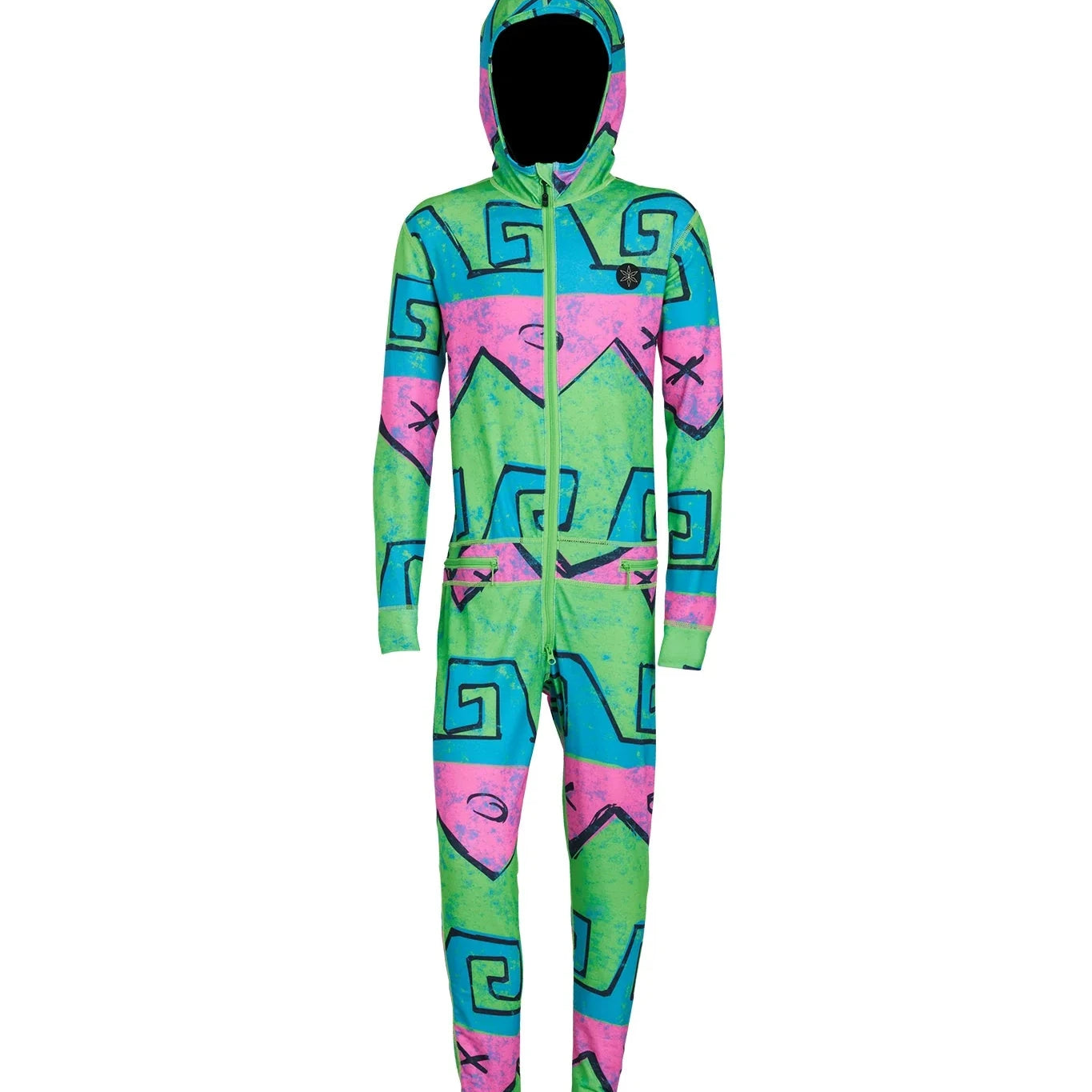 Airblaster Junior's Ninja Suit 2025 - Neon green onesie with pink and blue accents, featuring a ninja mask design on front.