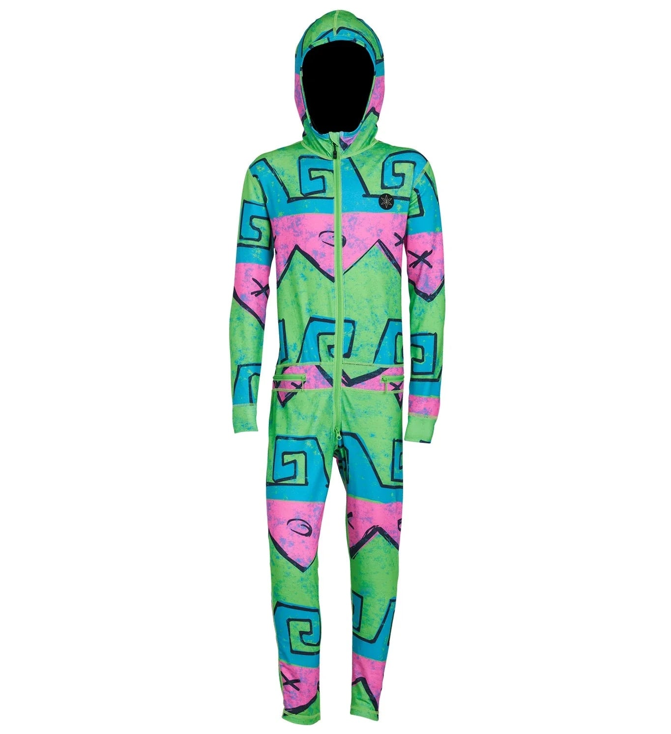 Airblaster Junior's Ninja Suit 2025 - Neon green onesie with pink and blue accents, featuring a ninja mask design on front.