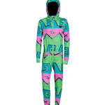 Airblaster Junior's Ninja Suit 2025 - Neon green onesie with pink and blue accents, featuring a ninja mask design on front.